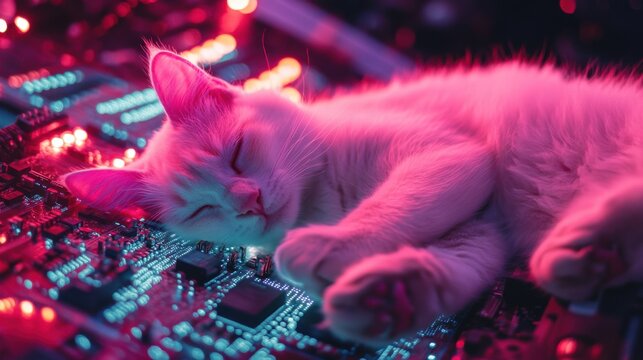 Futuristic robotic cat relaxing on a digital display under neon lights