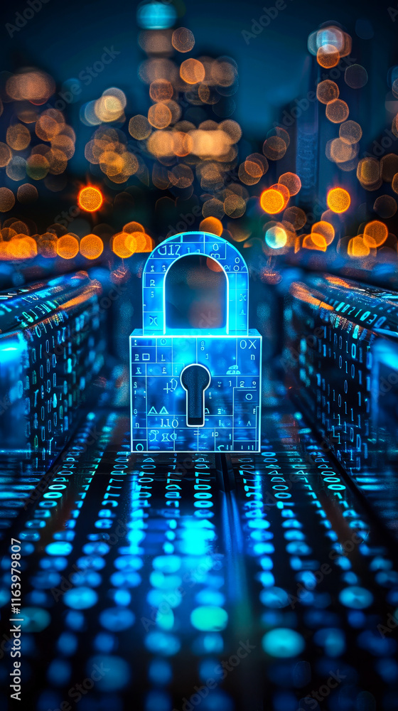 Poster cyber security concept: illuminated digital lock on encrypted server pathway with city lights in bac
