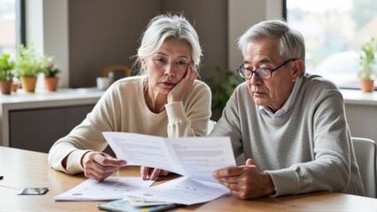 Senior couple looking worried at documents, discussing financial planning or legal matters, reflecting concerns about future security and decision-making.