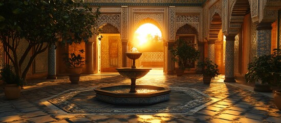 Obraz premium Golden hour courtyard with fountain.