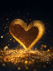Vertical gold heart glitter dust dark background shining effect romantic symbol