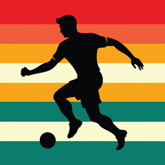 Obraz premium Retro Soccer Player Silhouette, Vintage Football Action, Colorful Stripes