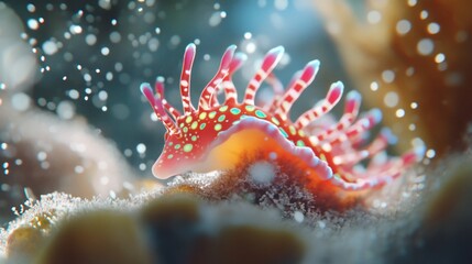 Vibrant sea slug on coral reef. Underwater close-up of a colorful nudibranch.