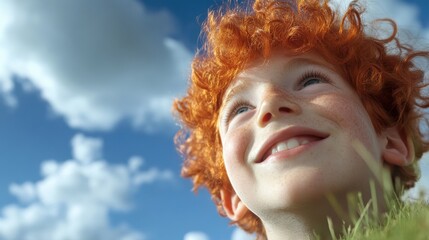 Joyful redhead boy enjoying a sunny spring day outdoors
