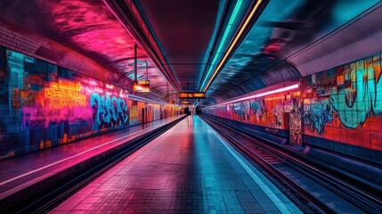 A futuristic subway station with graffiti-covered walls and neon lights reflecting off the tracks