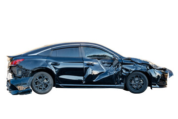 Car crash, Full body side view of black car get damaged by accident on the road. damaged cars after...