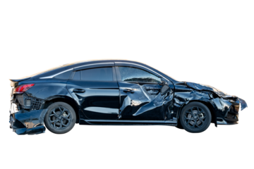 Car crash, Full body side view of black car get damaged by accident on the road. damaged cars after collision. Isolated on white transparent background, car crash broken, PNG File