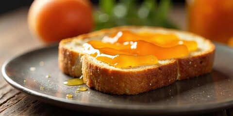 A slice of toasted bread generously topped with a vibrant, glistening fruit spread, served on a rustic plate