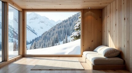 Serene Mountain View Relaxation in a Cozy Wooden Room with a Built-in Daybed