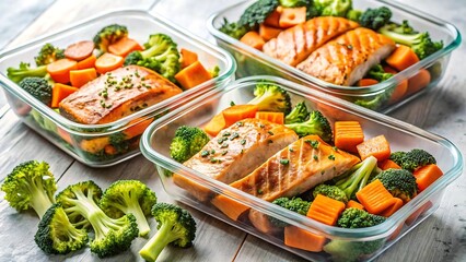 Fitness Meal Prep Boxes with Salmon, Sweet Potatoes, and Broccoli - Ultra-Realistic Food Image