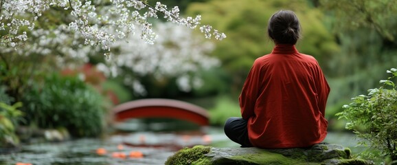 Meditative spring morning in a tranquil japanese garden with blossoms and red bridge