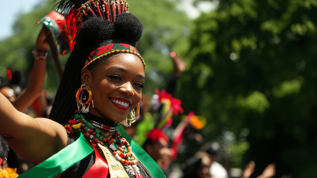 Juneteentn ​​parade float, performers in traditional African attire, with a cheering crowd at the background