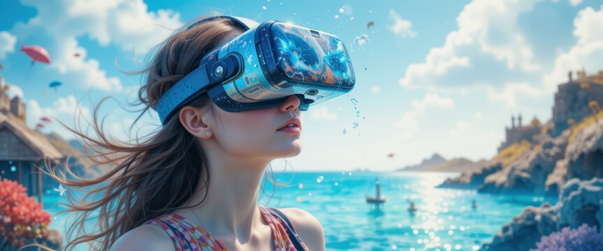 Woman in VR headset exploring a tropical beach, creating a sense of immersive virtual travel and futuristic technology, ideal for tech or travel themed projects.