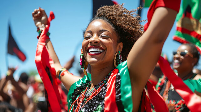 Juneteentn ​​parade float, performers in traditional African attire, with a cheering crowd at the background