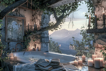 Obraz premium Scenic bathtub with candlelight and lush greenery overlooking majestic mountains at sunset.