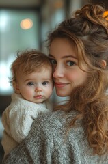 Tender moment of smiling woman holding baby in cozy environment with warm soft lighting and natural tones