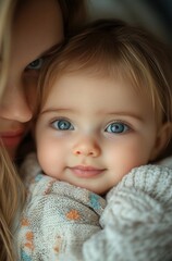 Close-up of baby with blue eyes and cozy sweater embraced by caring figure, soft lighting and gentle background tones