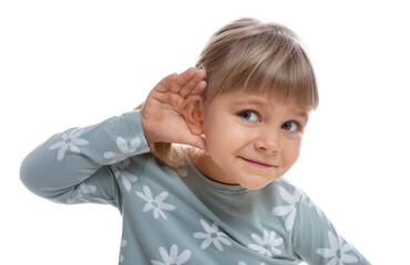 Little girl showing hand to ear gesture on white background