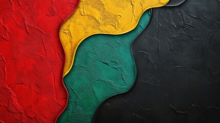 A textured background featuring bold red, black, and green abstract brush strokes, with golden accents