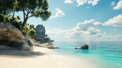 Serene Beach Landscape with Lush Greenery and Clear Waters