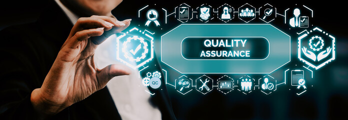 Quality Assurance and Quality Control Concept - Modern graphic interface showing certified standard...