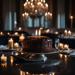 A chocolate fondant cake on a silver platter, surrounded by flickering candles in an elegant ballroom.