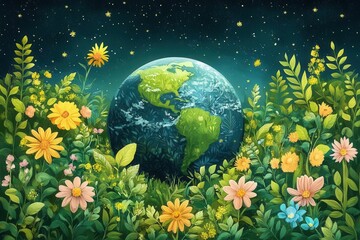 vibrant earth illustration celebrating arbor day, showcasing a lush green planet with diverse trees and vibrant foliage, symbolizing environmental awareness and appreciation