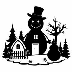 Christmas Cottage Farm SNOWMAN Black silhouette