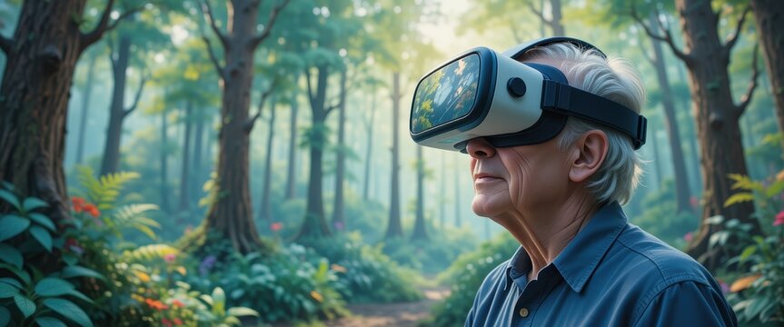 Older man wearing VR headset in a tranquil forest setting, highlighting the inclusive nature of technology and immersive experiences, great for tech or lifestyle concepts.