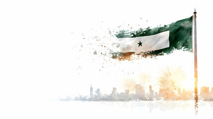 Disintegrating Somaliland flag with cityscape silhouette and fireworks.