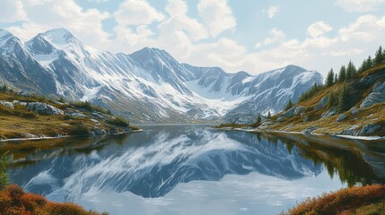 Fototapeta premium Majestic Mountain Landscape with Reflection in Calm Waters