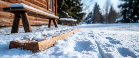 Tranquil winter scene with wooden sled and rustic cabin on a snowy day