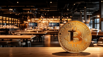 BTCUSD, A Bitcoin coin displayed on a futuristic trading platform, showcasing modern technology and digital finance elements in a visually compelling image.