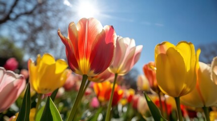 Obraz premium Vibrant spring tulip fields in full bloom under a sunny sky