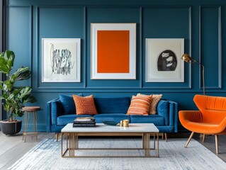 Modern Living Room Decor With Blue Sofa And Orange Chair