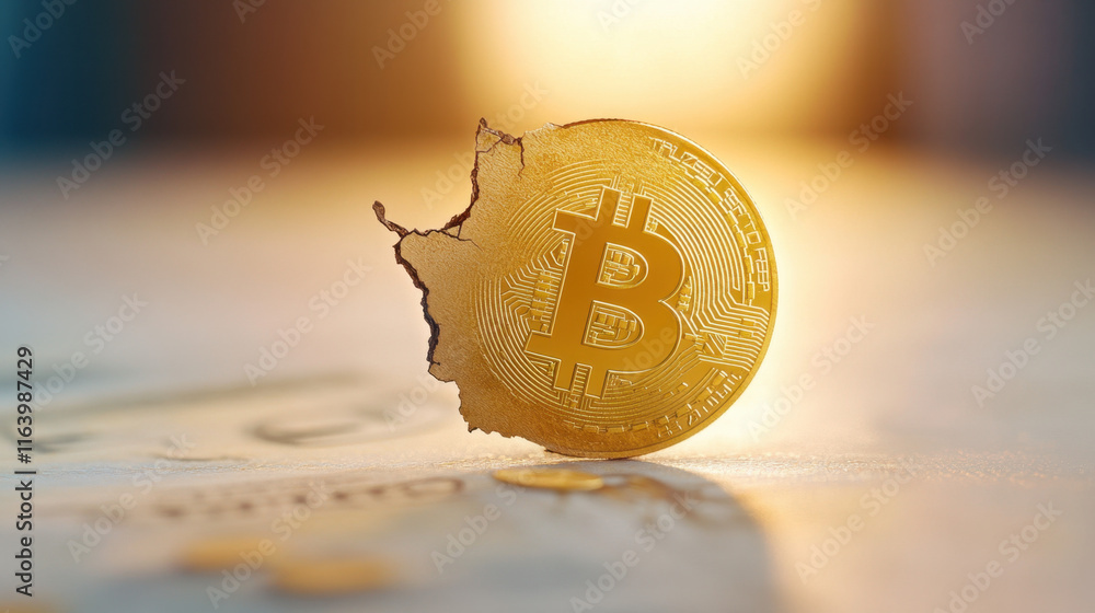 Poster btcusd, a bitcoin coin embedded in a cracked hundred-dollar bill, symbolizing the intersection of cr