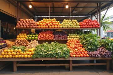 Colorful Display of Fresh Fruits and Vegetables at Market Stall
