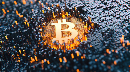 BTCUSD, A glowing Bitcoin logo displayed on a digital stock ticker, showcasing a blend of cryptocurrency and finance in a modern, tech-inspired design.