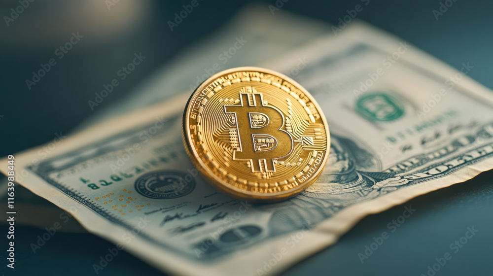 Poster btcusd, close-up image of a bitcoin coin resting on a surface, ideal for financial and cryptocurrenc