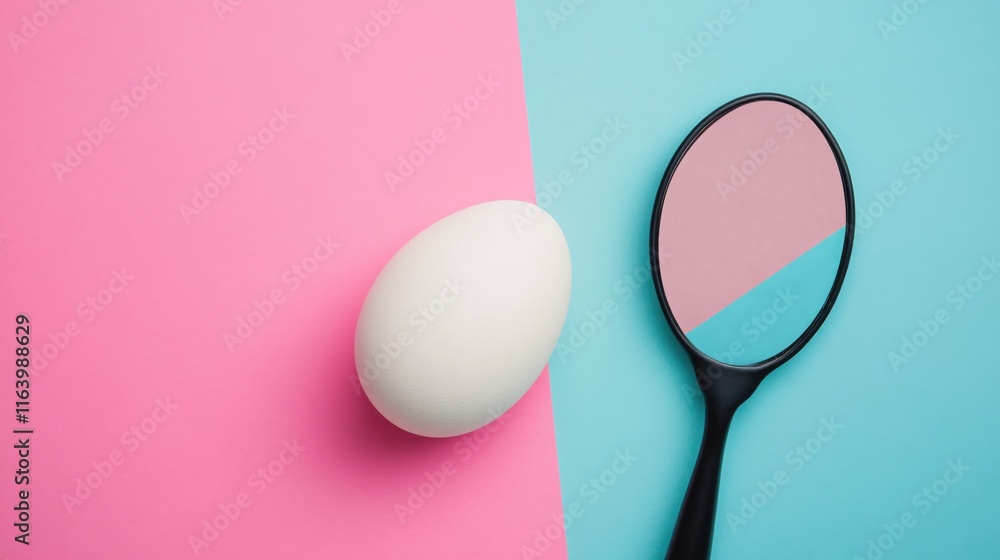 Poster white egg on pink and blue background with mirror reflection showing color split