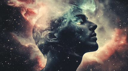 Cosmic Dreams: A Surreal Portrait Blending Human Features with the Stellar Nebula