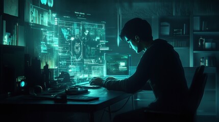 A shadowy hacker working on a glowing holographic interface in a dimly lit room