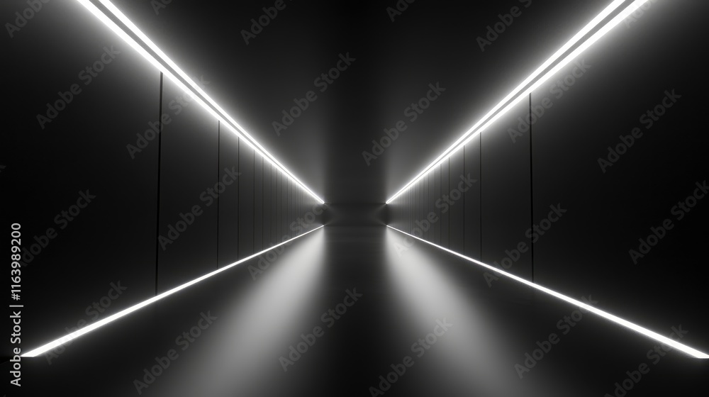 Poster neon light in tunnels, rays and lines. perspective of light in motion. dark abstract neon background