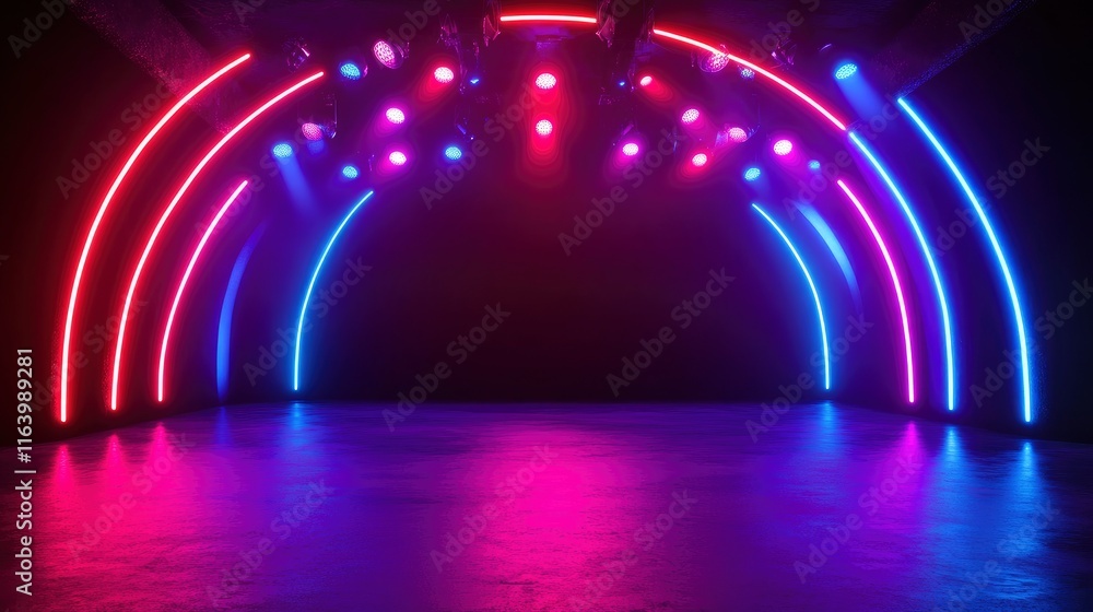 Poster neon light in tunnels, rays and lines. perspective of light in motion. dark abstract neon background