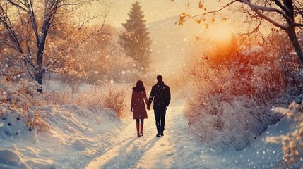 A couple walks hand-in-hand along a snowy path at sunset in a winter wonderland.