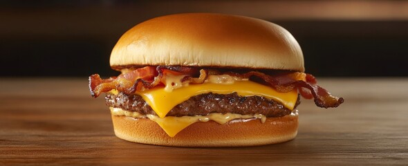Juicy bacon cheeseburger on a sesame seed bun.