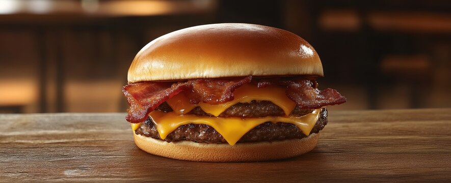 Juicy double cheeseburger with crispy bacon on a sesame seed bun, served on a rustic wooden table.