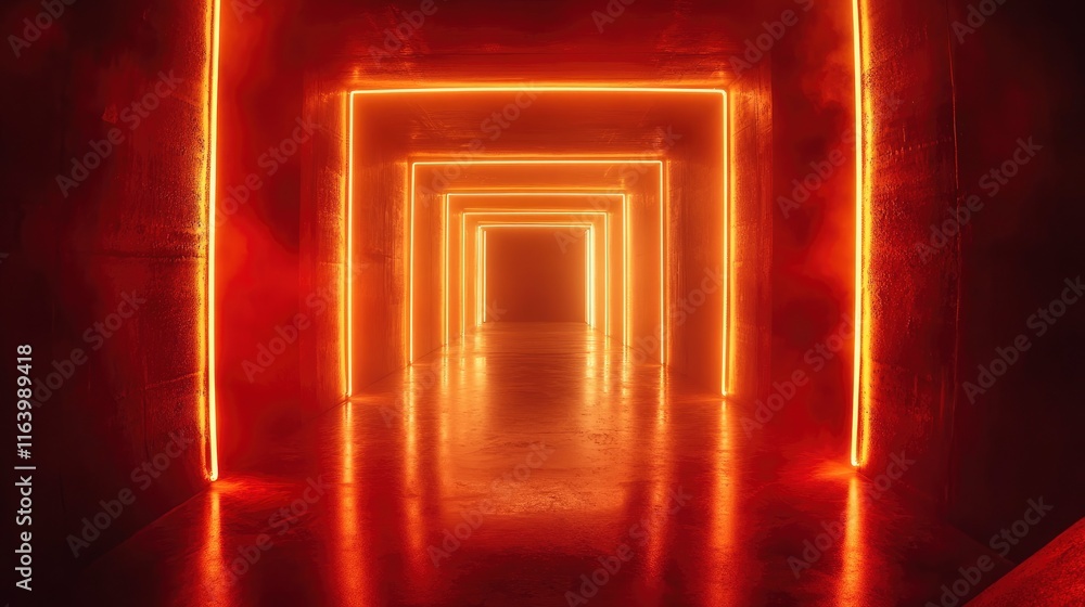 Poster neon light in tunnels, rays and lines. perspective of light in motion. dark abstract neon background