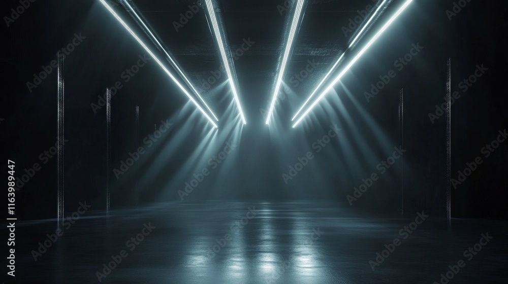 Poster neon light in tunnels, rays and lines. perspective of light in motion. dark abstract neon background