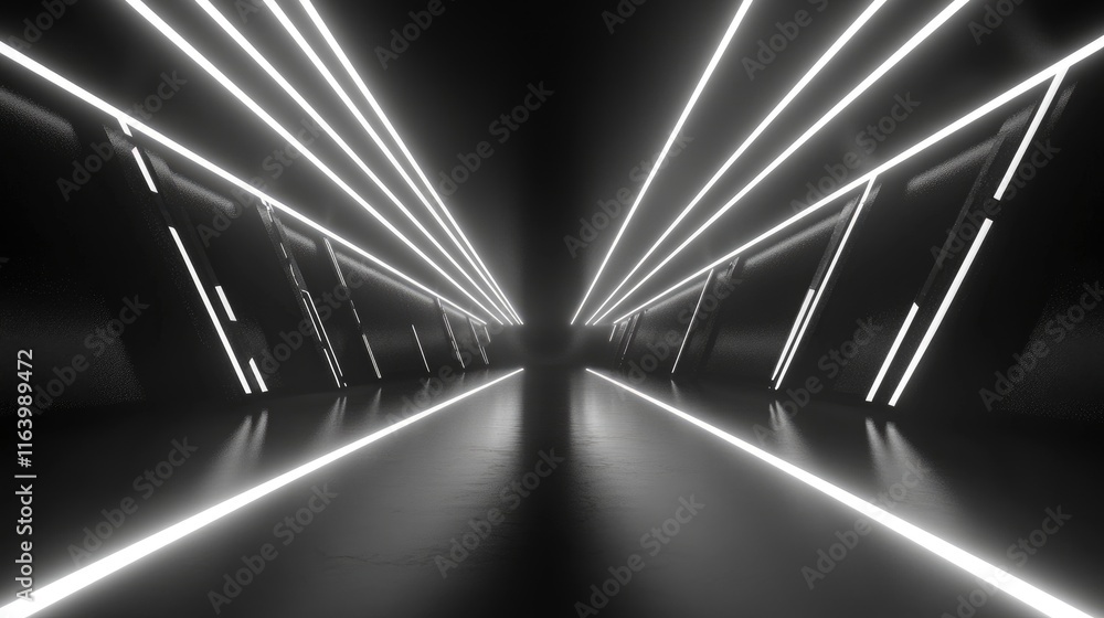 Poster neon light in tunnels, rays and lines. perspective of light in motion. dark abstract neon background